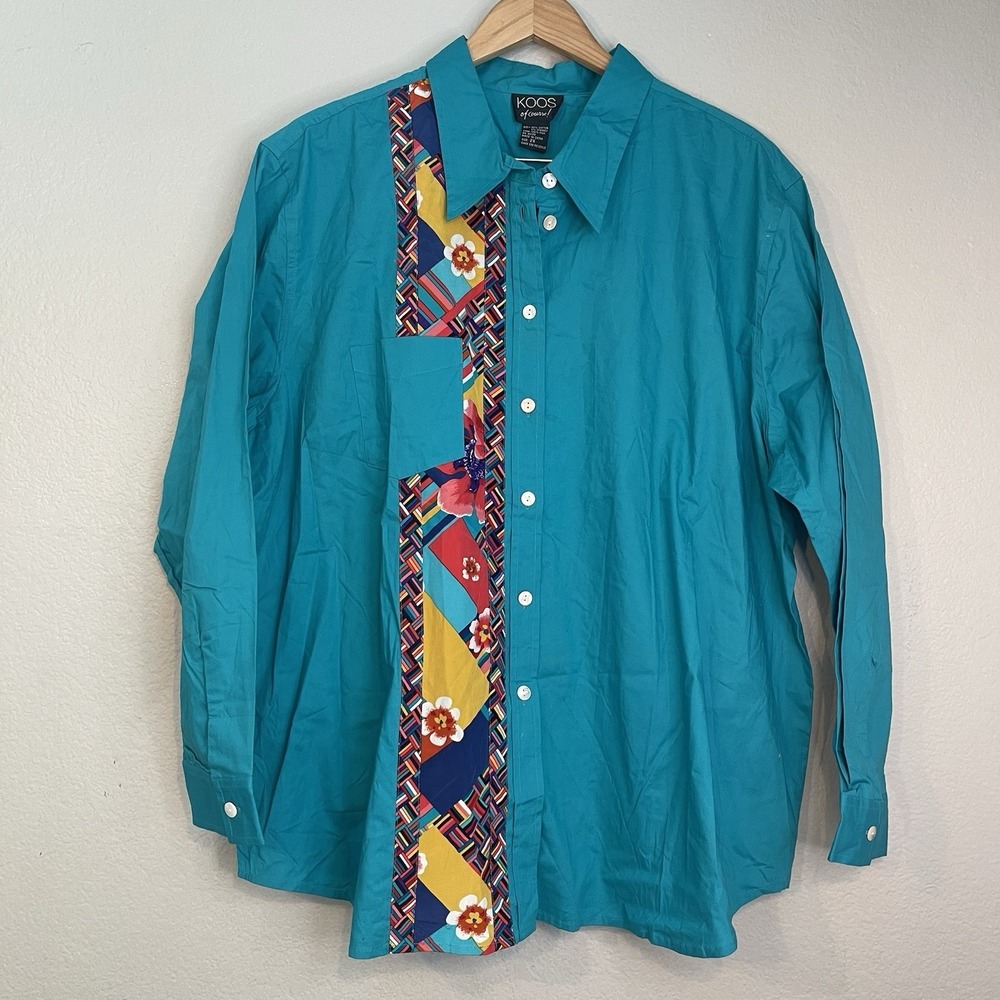 KOOS Of Course 2X Cotton Silk Shirt Top Blouse Boho Artsy Bright Colorful